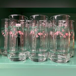 7 Corelle Rosemarie Highball Glasses, Pink Floral Green Stripe